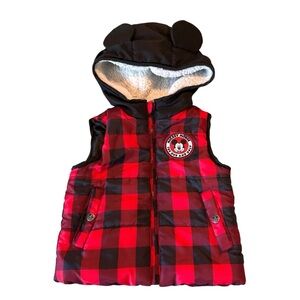 Disney Mickey Mouse Red Buffalo Plaid Puffer Vest with Hood